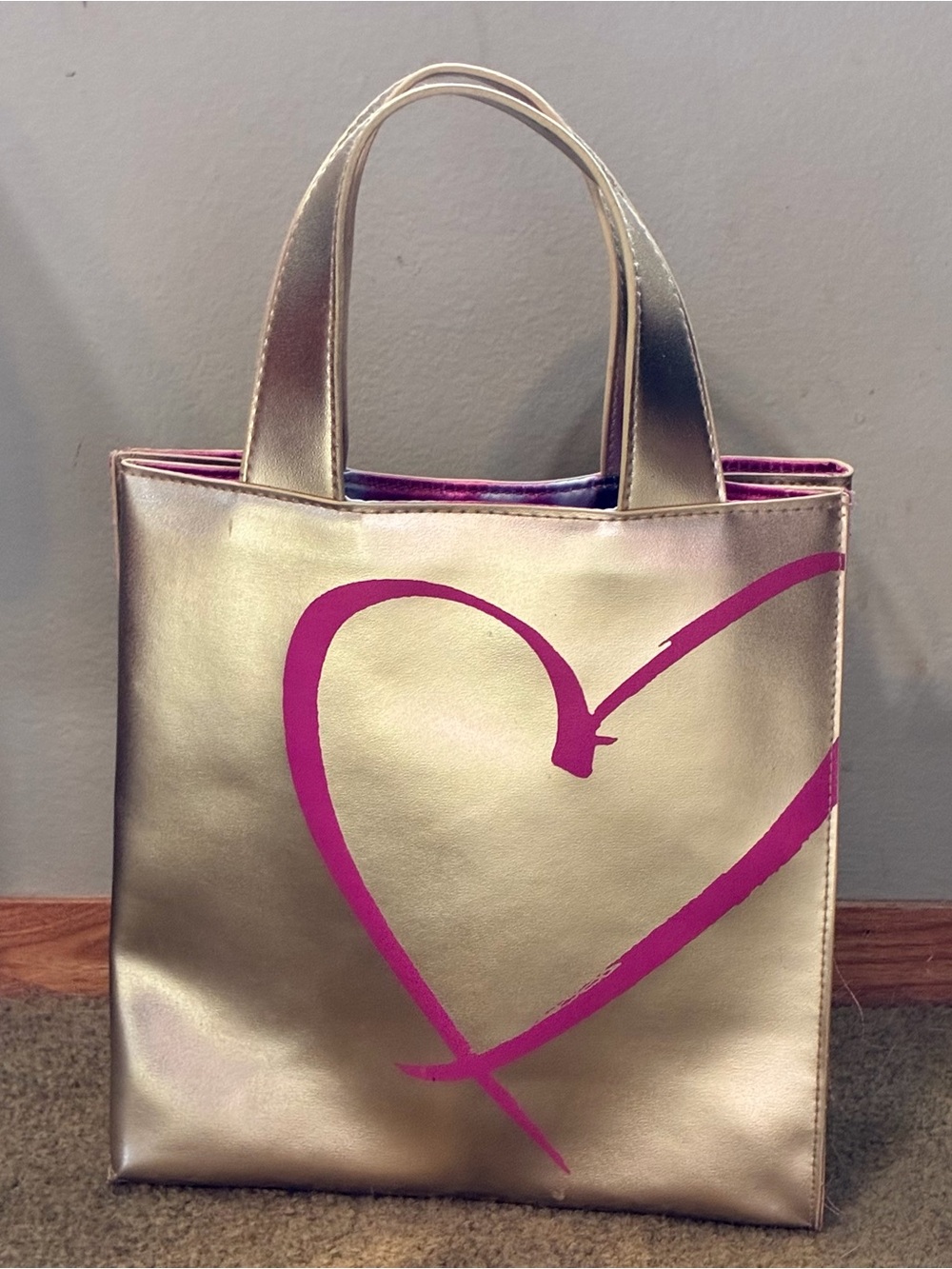 Vintage Victoria Secret Metallic Gold Pink Heart Handbag Purse Tote Gift Bag
